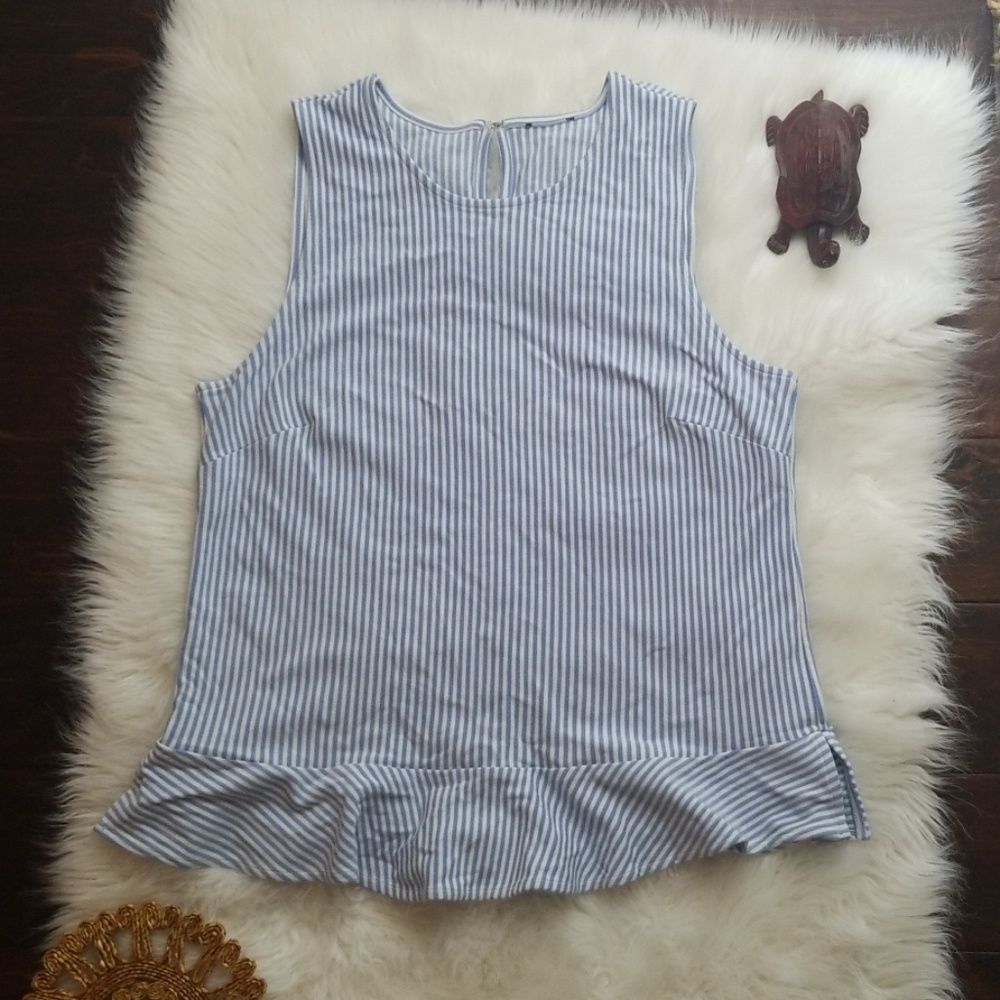 Striped Blue Striped Ruffle Hem Sleeveless Blouse Size Small Medium